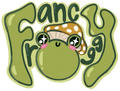 Cartoon frog with a mushroom on its head surrounded by the text 'Fancy Frog' in a playful font.