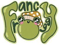 Cartoon frog with a mushroom on its head surrounded by the text 'Fancy Frog' in a playful font.